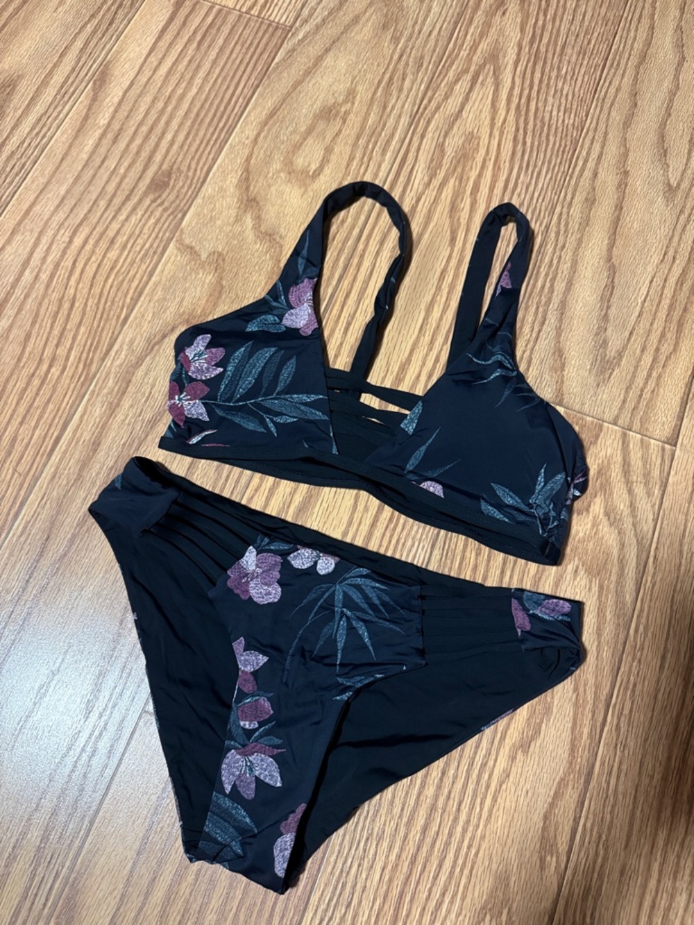 Black Floral Bikini Set with Pink & Green Accents